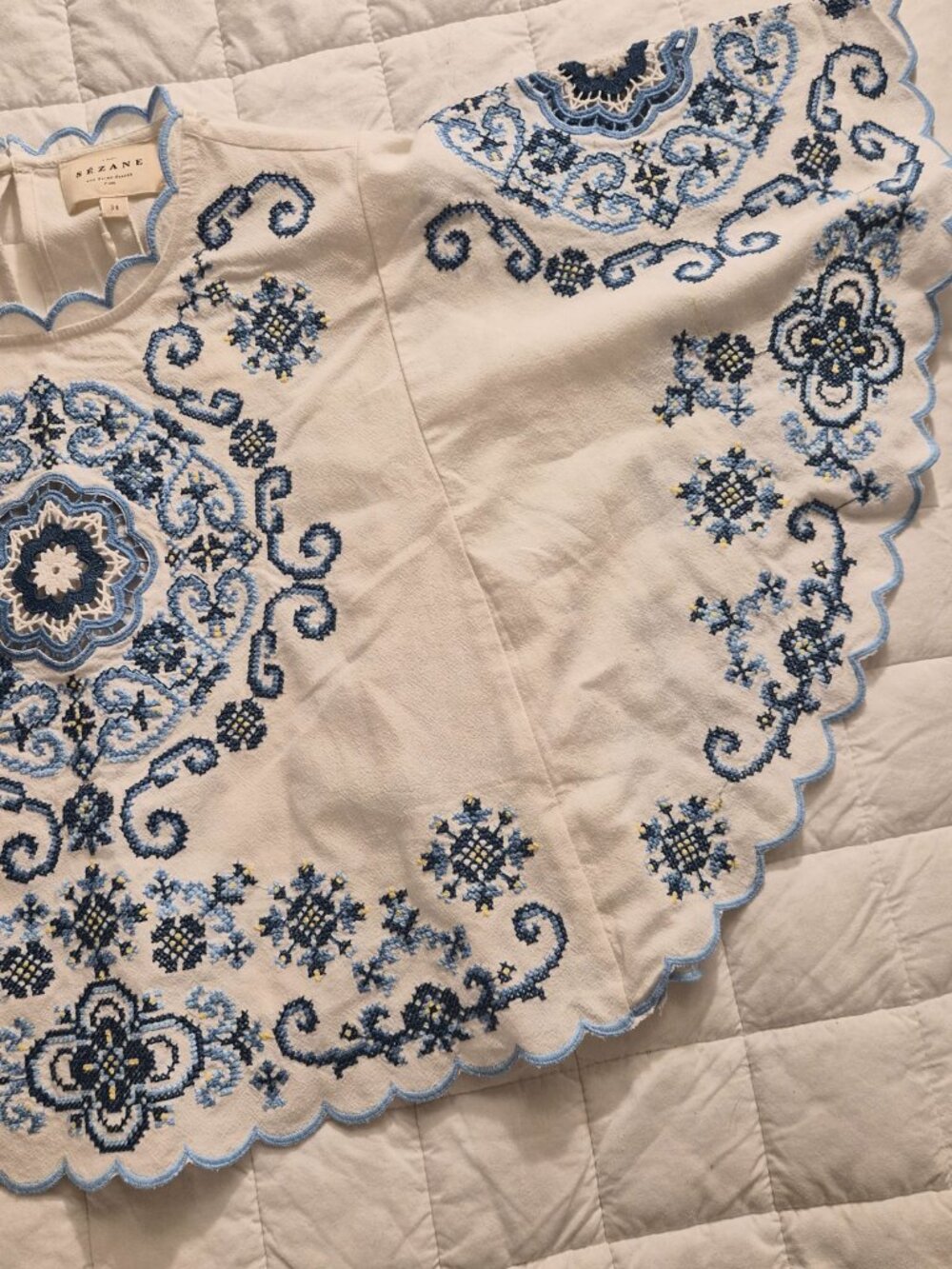 Sezane Anneclaire Blouse Ecru with Contrasting Blue Embroidery US2 EU34 - Picture 6 of 9